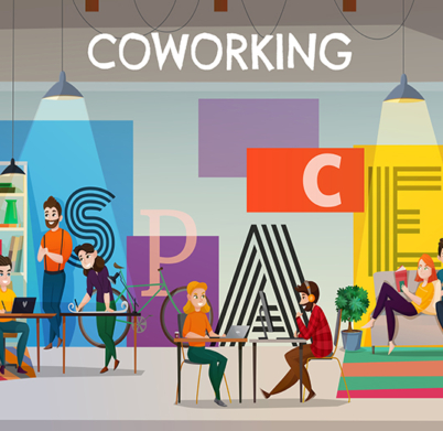 Coworking poster background with text and flat open space interior with tables sofas and people characters vector illustration